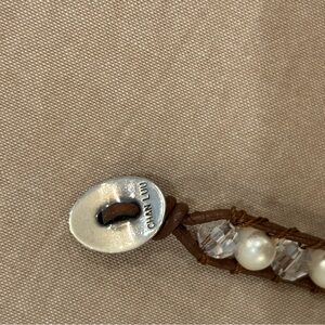 Chan Luu Brown Leather Wrap Bracelet with Clear Crystals & Pearls